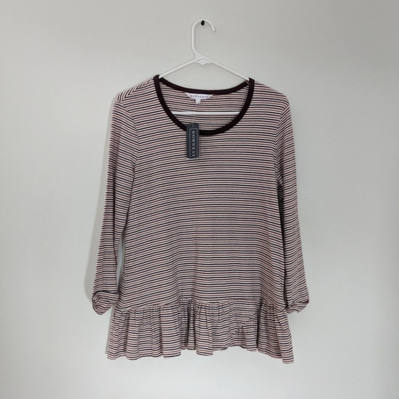 NWT Downeast Burgundy Striped Ruffle Hem Shirt - Picture 2 of 6